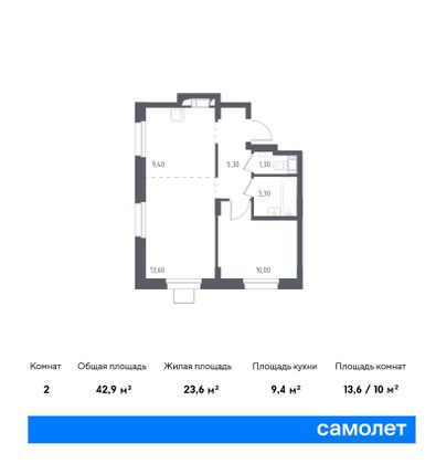 42,9 м², 1-комн. квартира, 16/17 этаж