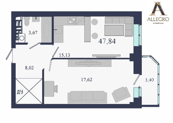 47,8 м², 1-комн. квартира, 2/19 этаж