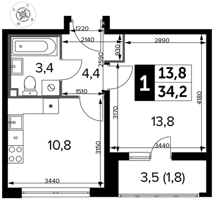 34,2 м², 1-комн. квартира, 22/24 этаж