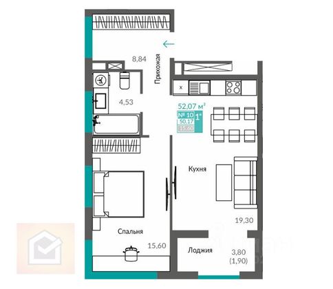 Продажа 1-комнатной квартиры 50,2 м², 2/12 этаж