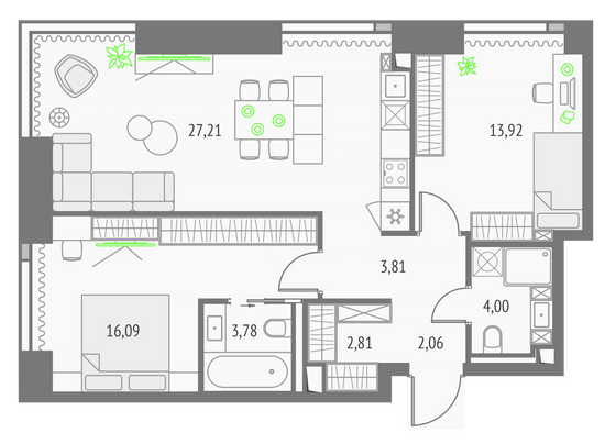 73,7 м², 2-комн. квартира, 36/57 этаж