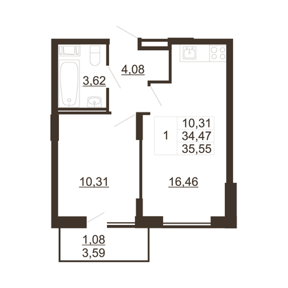 35,5 м², 1-комн. квартира, 9/11 этаж