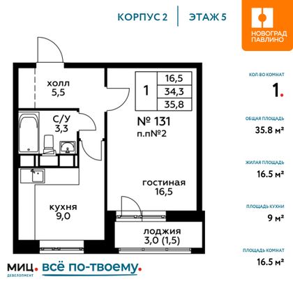 Продажа 1-комнатной квартиры 35,8 м², 5/20 этаж