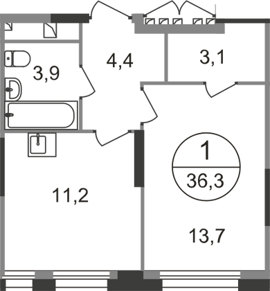 36,3 м², 1-комн. квартира, 11/19 этаж