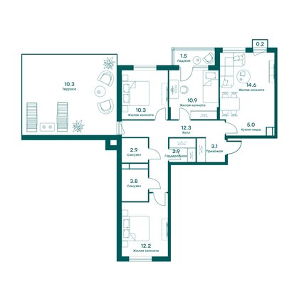 91,2 м², 4-комн. квартира, 5/6 этаж