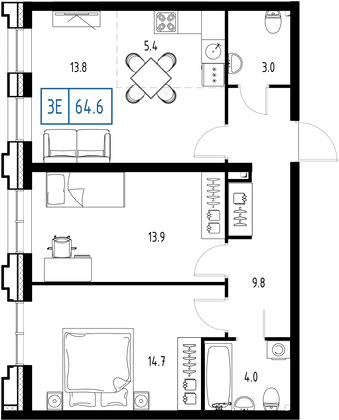 64,6 м², 3-комн. квартира, 9/9 этаж