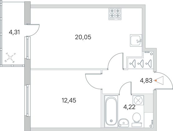Продажа 1-комнатной квартиры 42,8 м², 3/8 этаж