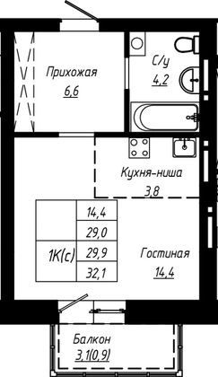 Продажа 1-комнатной квартиры 29,9 м², 11/16 этаж