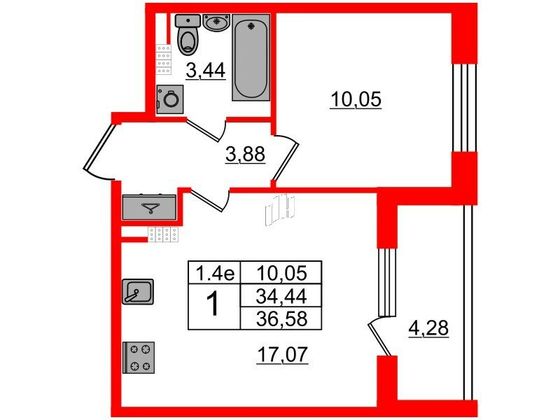 Продажа 1-комнатной квартиры 34,4 м², 5/5 этаж