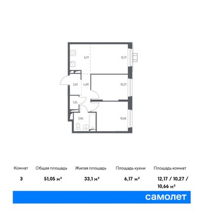 Продажа 2-комнатной квартиры 53,5 м², 5/17 этаж