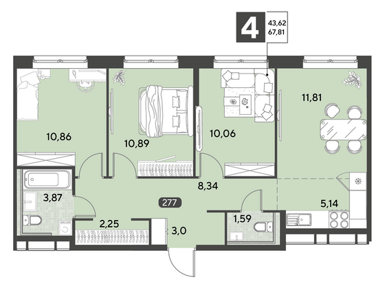 Продажа 4-комнатной квартиры 67,8 м², 12/25 этаж
