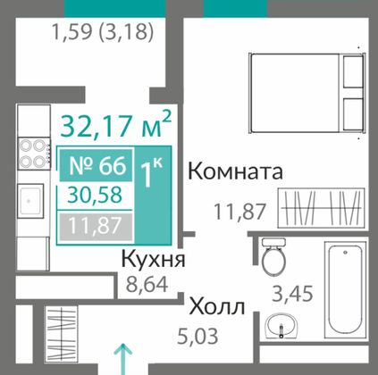 30,6 м², 1-комн. квартира, 8/10 этаж