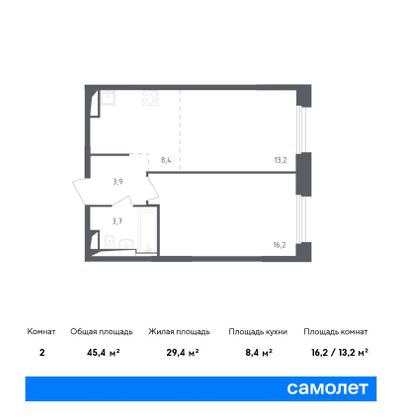 45,4 м², 1-комн. квартира, 6/9 этаж