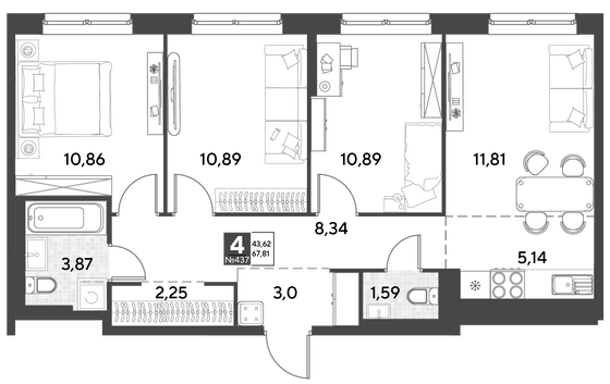 Продажа 4-комнатной квартиры 67,8 м², 8/21 этаж