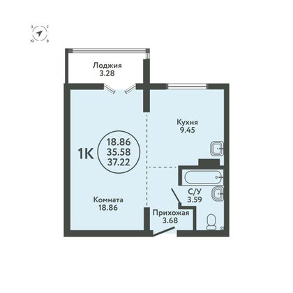 37,2 м², 1-комн. квартира, 5/9 этаж