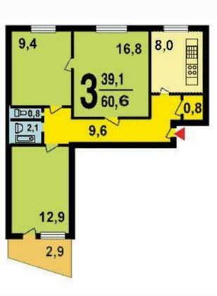 Продажа 3-комнатной квартиры 60,6 м², 5/9 этаж