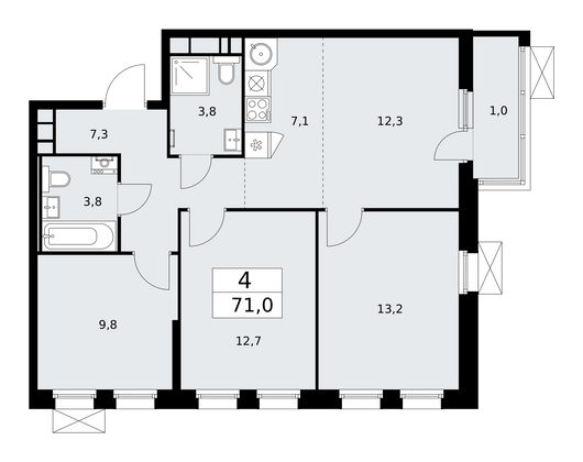 71 м², 4-комн. квартира, 9/14 этаж