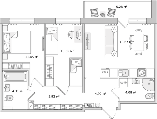 65,3 м², 2-комн. квартира, 8/15 этаж