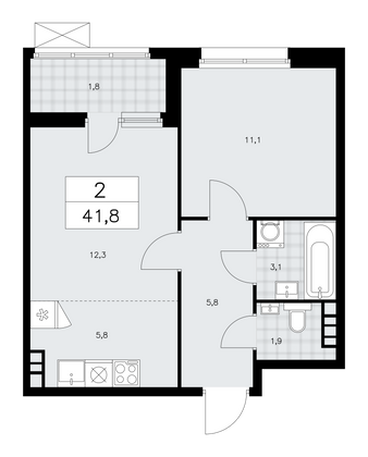 41,8 м², своб. планировка, 8/12 этаж