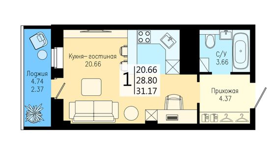 Продажа квартиры-студии 31,2 м², 23/25 этаж