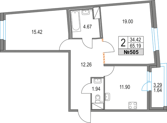 65,2 м², 2-комн. квартира, 13/16 этаж