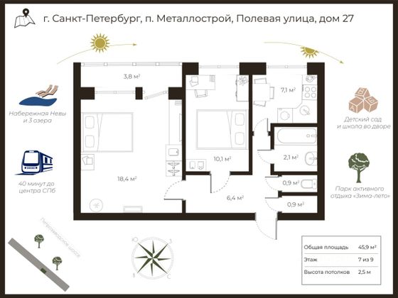 Продажа 2-комнатной квартиры 45,9 м², 7/9 этаж