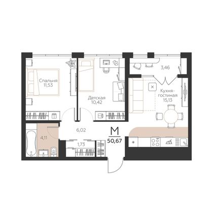 50,7 м², 2-комн. квартира, 1/5 этаж