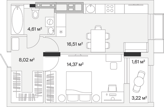 45,1 м², 1-комн. квартира, 7/7 этаж