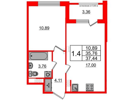 Продажа 1-комнатной квартиры 35,8 м², 4/4 этаж