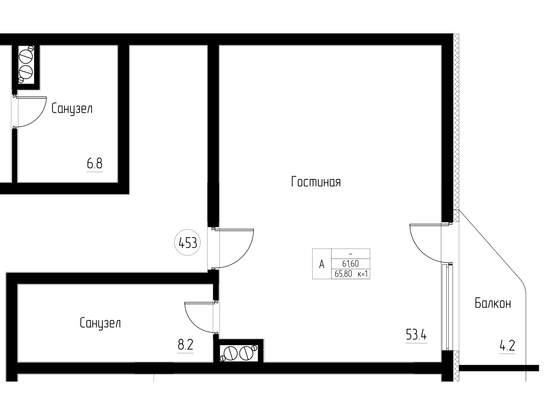 65,8 м², 1-комн. квартира, 2/5 этаж