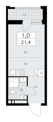 21,4 м², 1-комн. квартира, 8/16 этаж