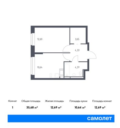 35,7 м², 1-комн. квартира, 9/11 этаж