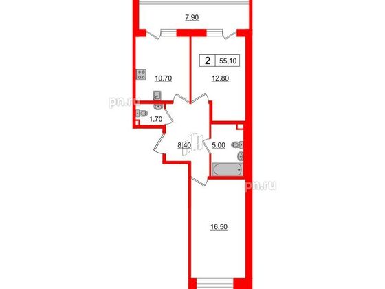 Продажа 2-комнатной квартиры 55,1 м², 3/10 этаж