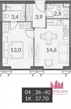 Продажа 1-комнатной квартиры 38 м², 12/43 этаж