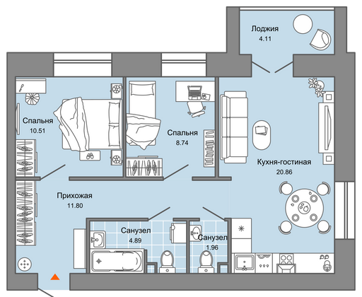 61 м², 3-комн. квартира, 2/9 этаж