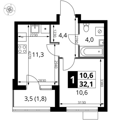 32,1 м², 1-комн. квартира, 13/16 этаж