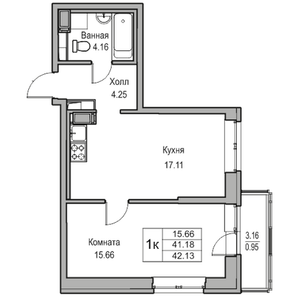 Продажа 1-комнатной квартиры 41,2 м², 5/23 этаж