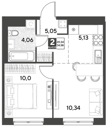 Продажа 2-комнатной квартиры 34,6 м², 4/21 этаж