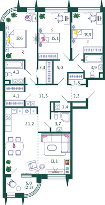 124,1 м², 4-комн. квартира, 3/15 этаж