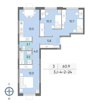 Продажа 3-комнатной квартиры 60,9 м², 12/24 этаж