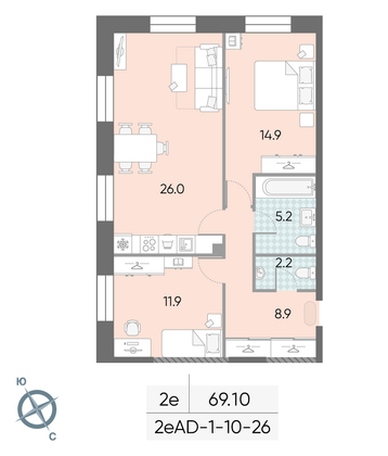 69,1 м², 2-комн. квартира, 26/28 этаж