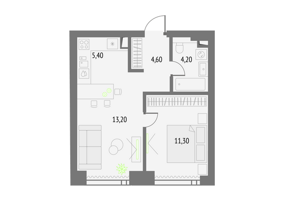 38,7 м², 1-комн. квартира, 4/55 этаж