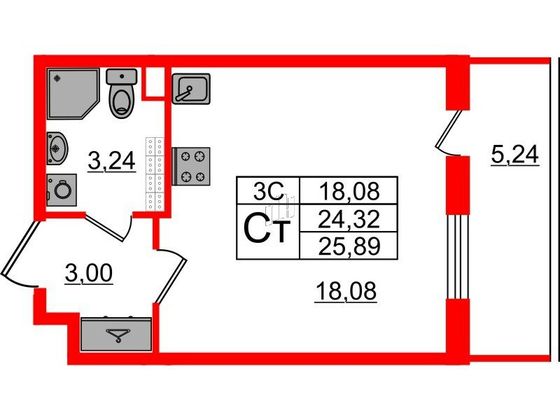 Продажа квартиры-студии 24,3 м², 5/5 этаж