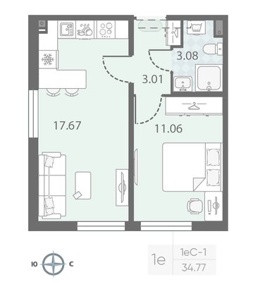 Продажа 1-комнатной квартиры 34,8 м², 2/23 этаж