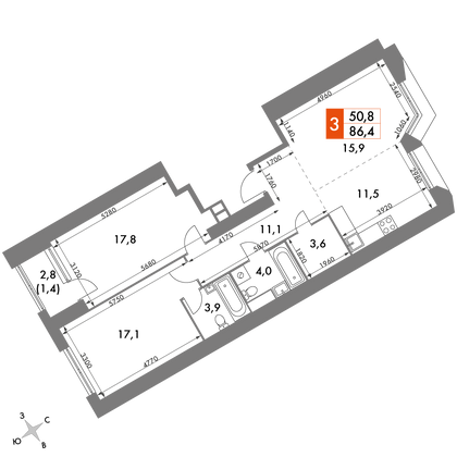 86,4 м², 3-комн. квартира, 3/47 этаж