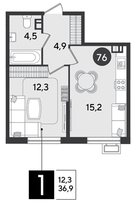 Продажа 1-комнатной квартиры 36,9 м², 6/9 этаж