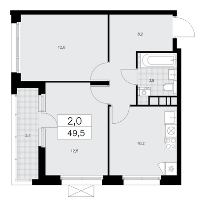 49,5 м², своб. планировка, 6/15 этаж