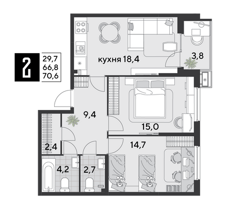 Продажа 2-комнатной квартиры 70,6 м², 2/9 этаж
