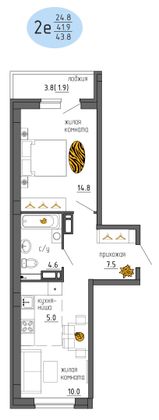 43,8 м², 2-комн. квартира, 6/25 этаж