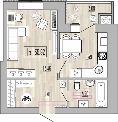 35,9 м², 1-комн. квартира, 7/10 этаж